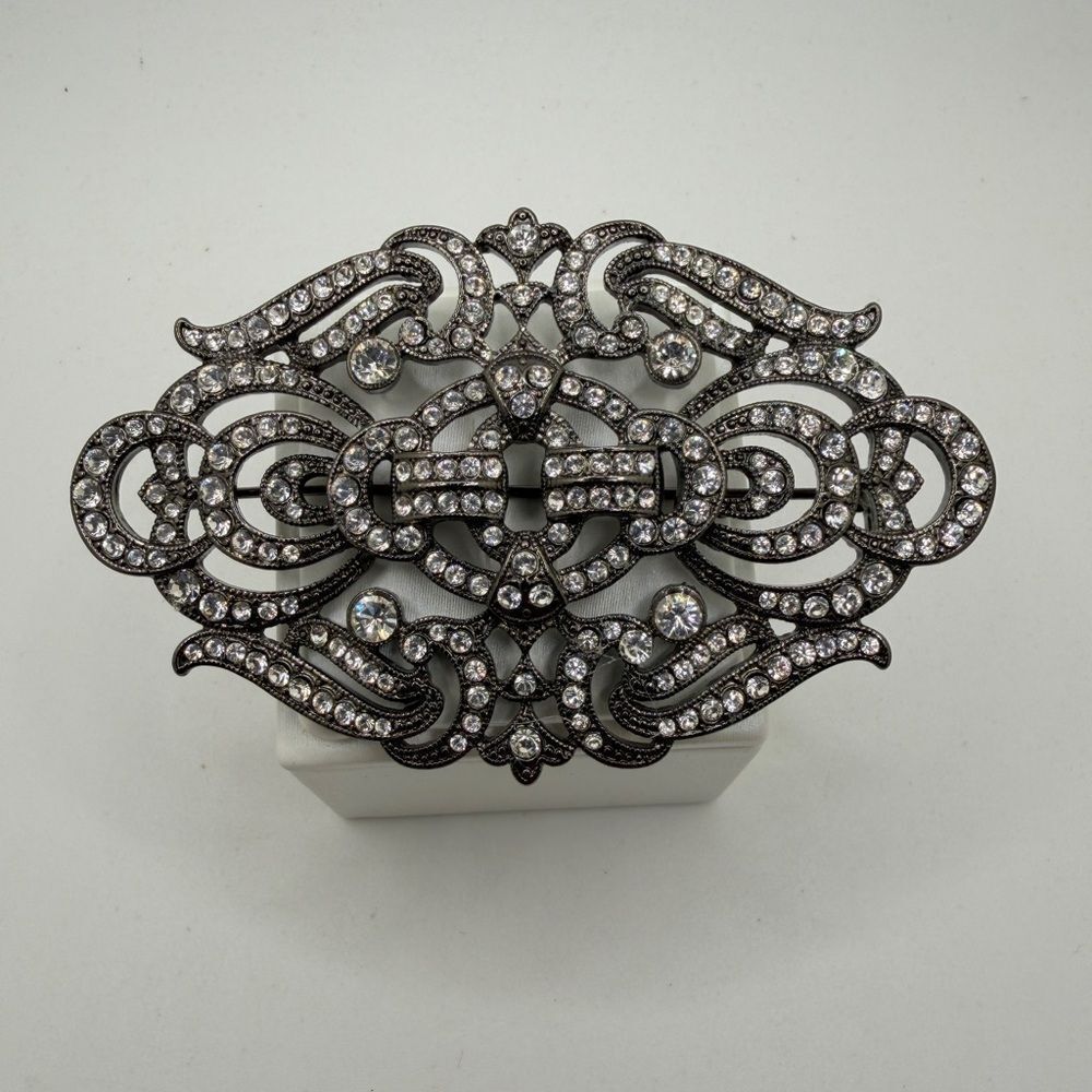 Massive Victorian-style Brooch/Pin w/ pave rhinestones‎ and gunmetal tone!
